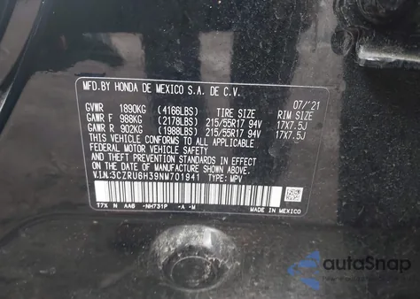 2022 Honda Hr-V Awd Lx из США, поврежденный, VIN 3CZRU6H39NM701941